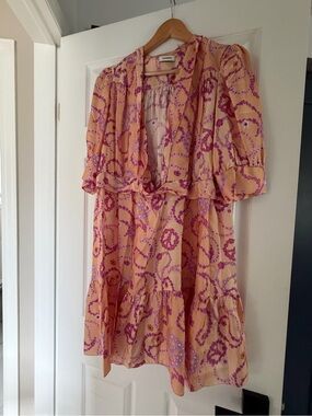 Sandro Peach and Pink Patterned Ruffle Mini Dress